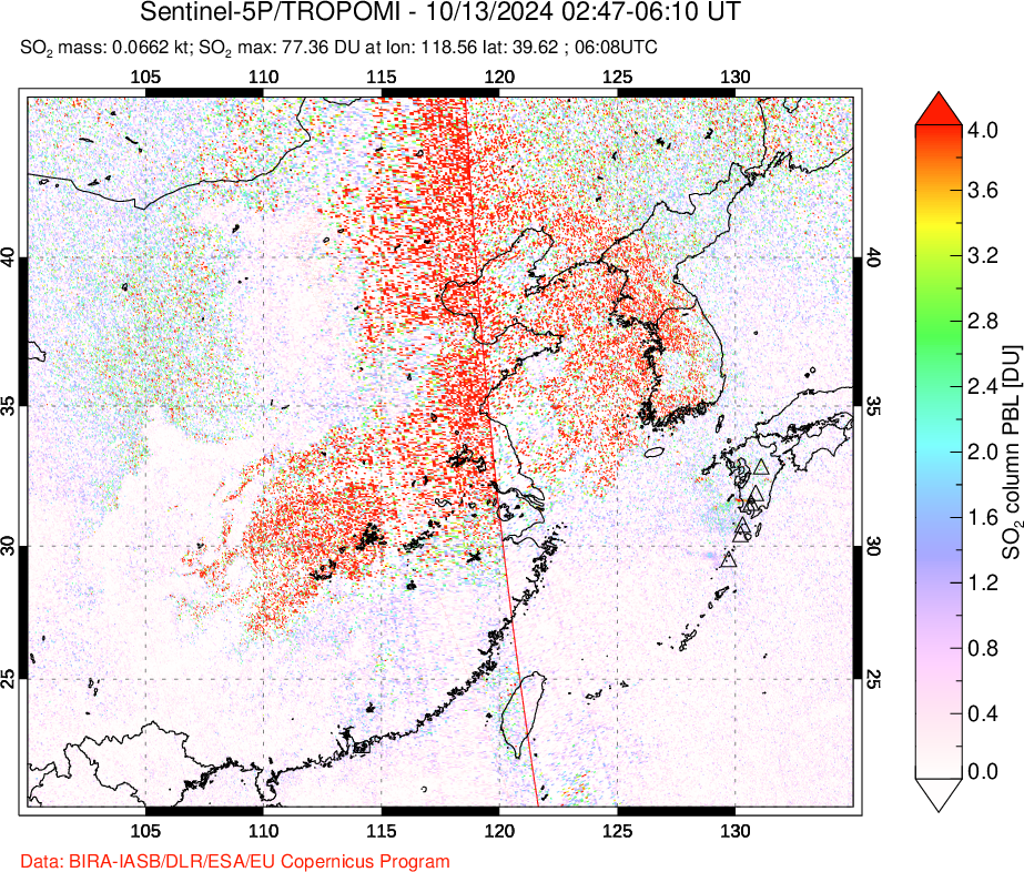 A sulfur dioxide image over Eastern China on Oct 13, 2024.