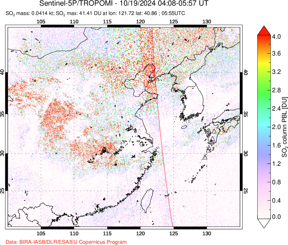 A sulfur dioxide image over Eastern China on Oct 19, 2024.