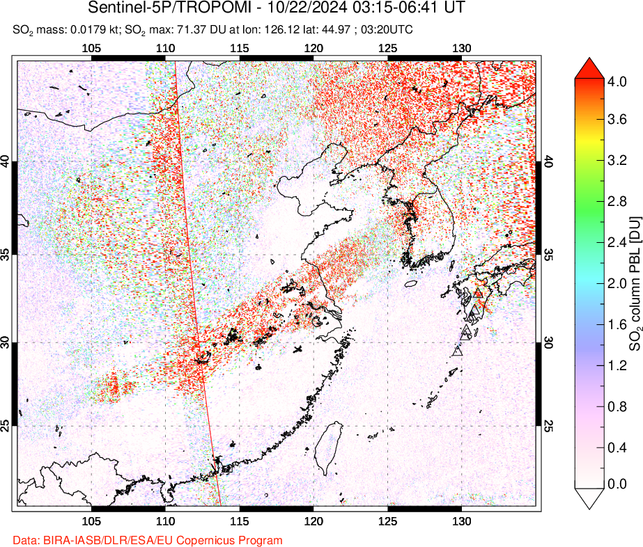 A sulfur dioxide image over Eastern China on Oct 22, 2024.