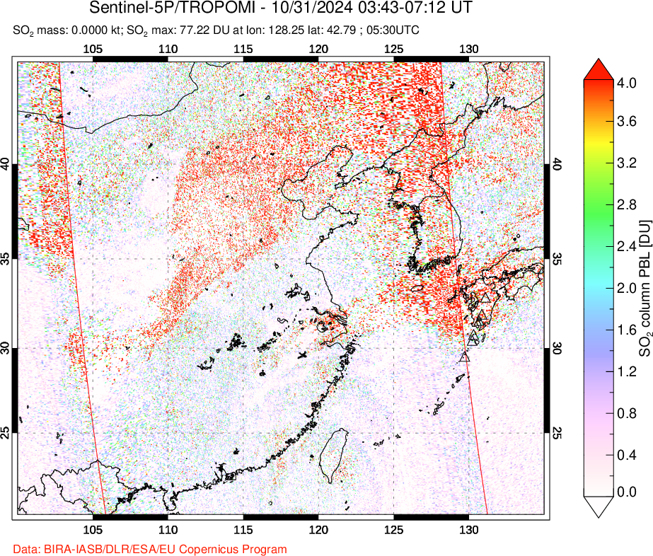 A sulfur dioxide image over Eastern China on Oct 31, 2024.