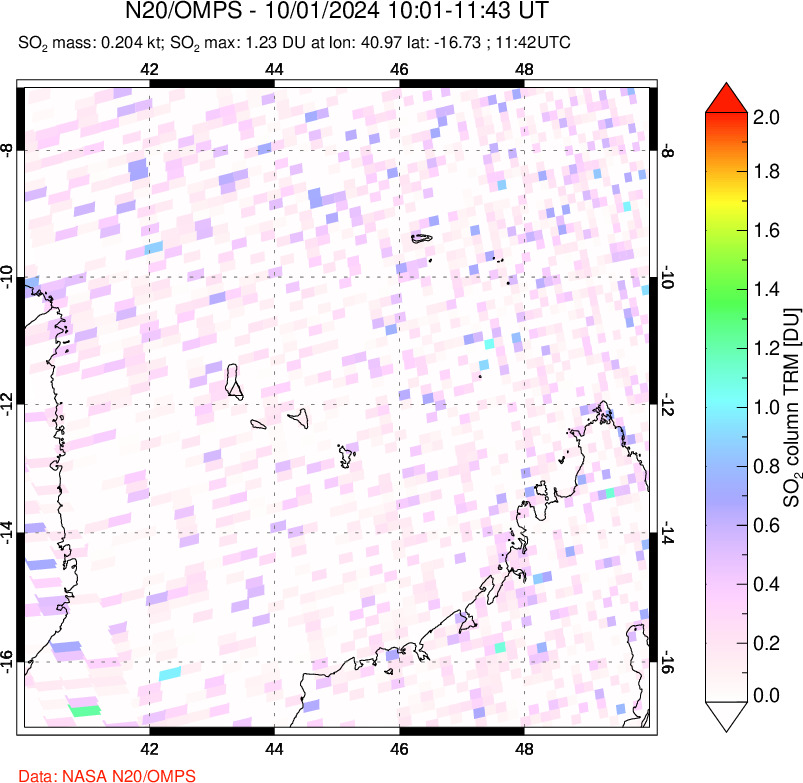 A sulfur dioxide image over Comoro Islands on Oct 01, 2024.