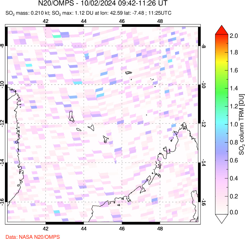 A sulfur dioxide image over Comoro Islands on Oct 02, 2024.