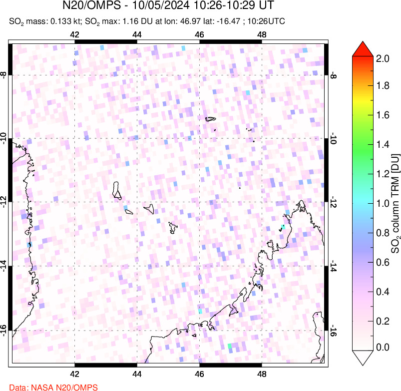 A sulfur dioxide image over Comoro Islands on Oct 05, 2024.