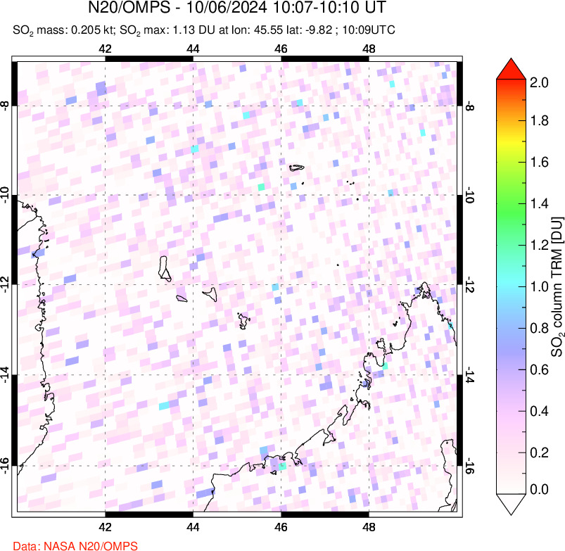 A sulfur dioxide image over Comoro Islands on Oct 06, 2024.