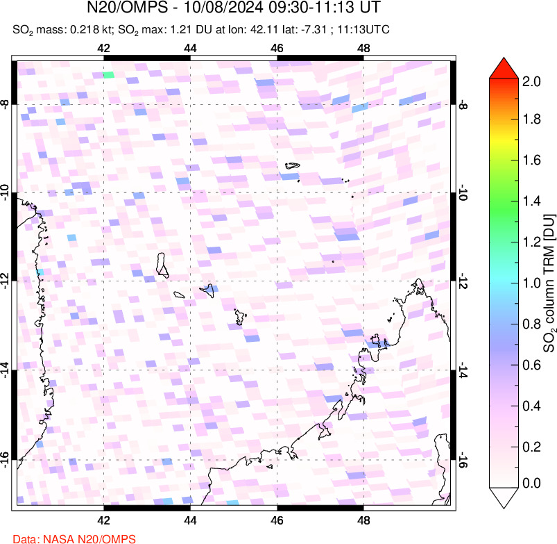 A sulfur dioxide image over Comoro Islands on Oct 08, 2024.