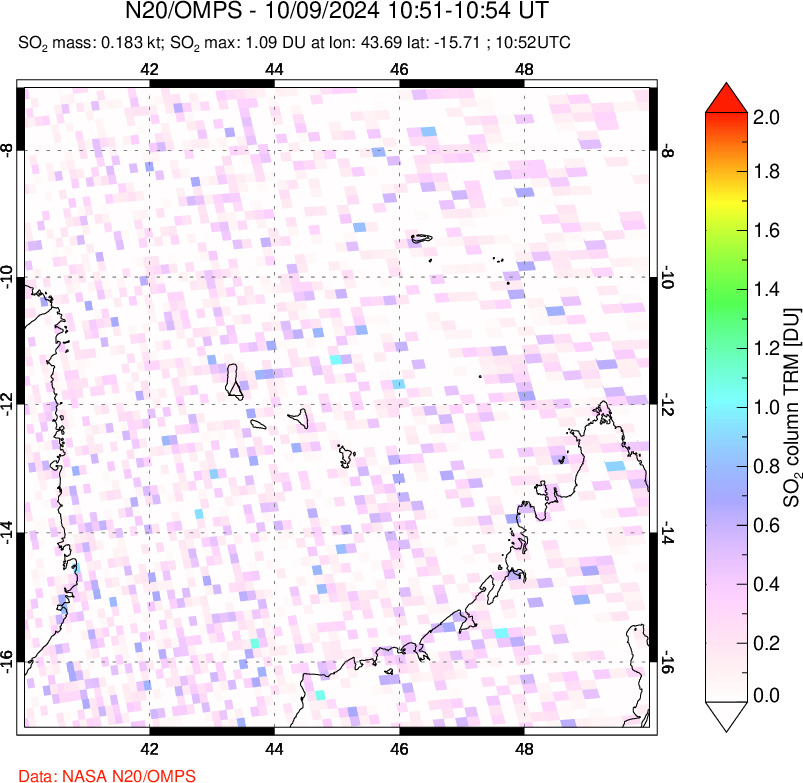 A sulfur dioxide image over Comoro Islands on Oct 09, 2024.