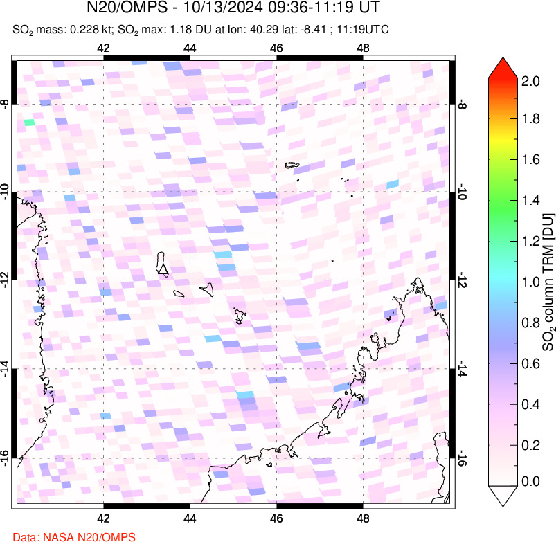 A sulfur dioxide image over Comoro Islands on Oct 13, 2024.