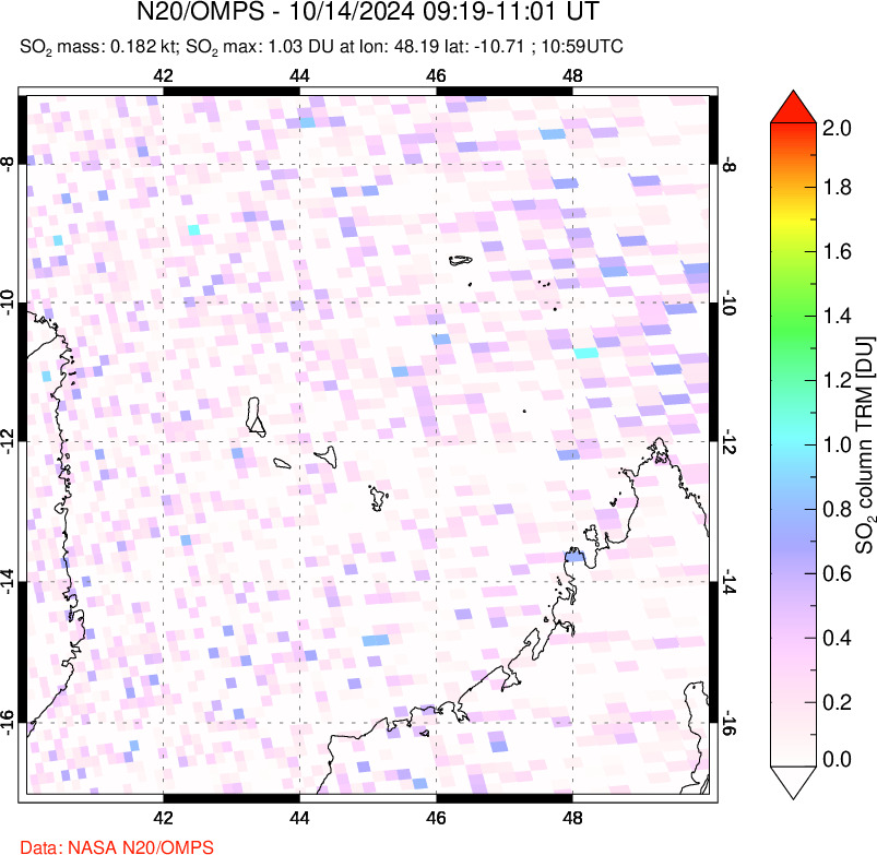 A sulfur dioxide image over Comoro Islands on Oct 14, 2024.