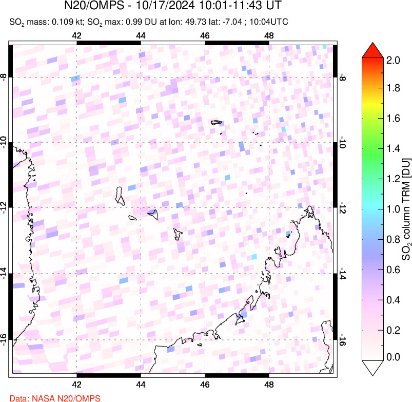 A sulfur dioxide image over Comoro Islands on Oct 17, 2024.