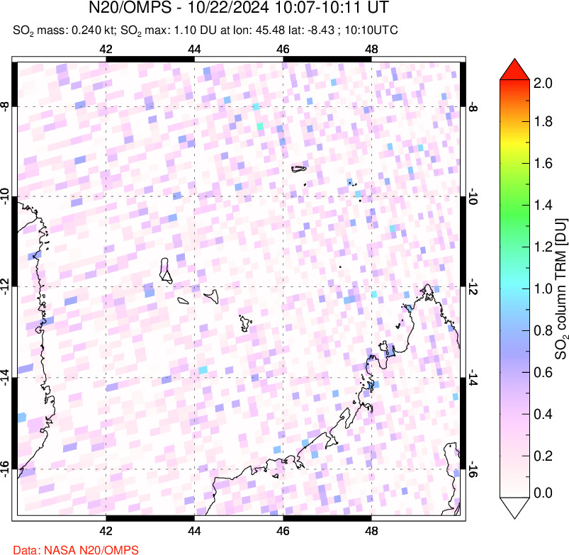 A sulfur dioxide image over Comoro Islands on Oct 22, 2024.