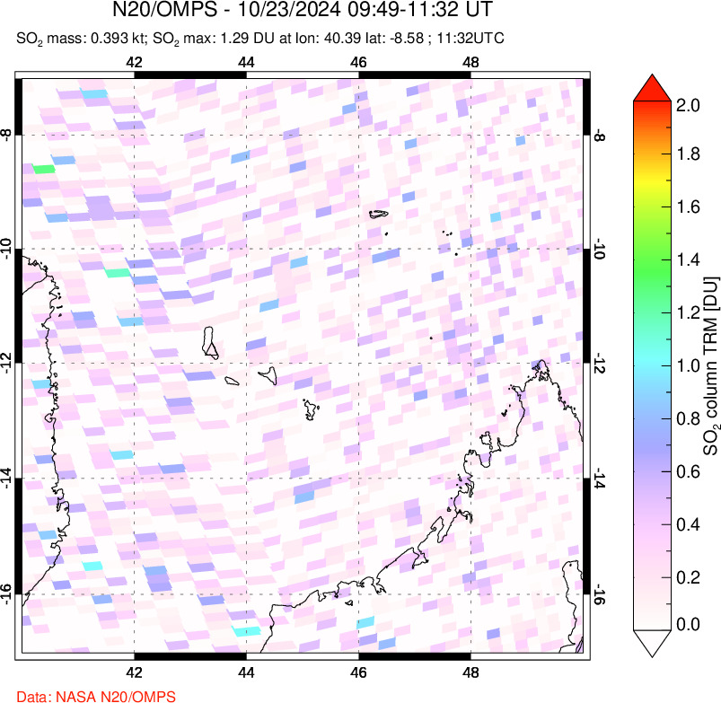 A sulfur dioxide image over Comoro Islands on Oct 23, 2024.