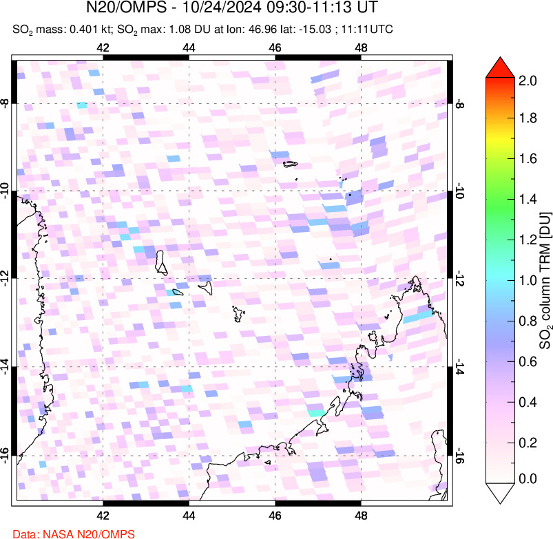 A sulfur dioxide image over Comoro Islands on Oct 24, 2024.