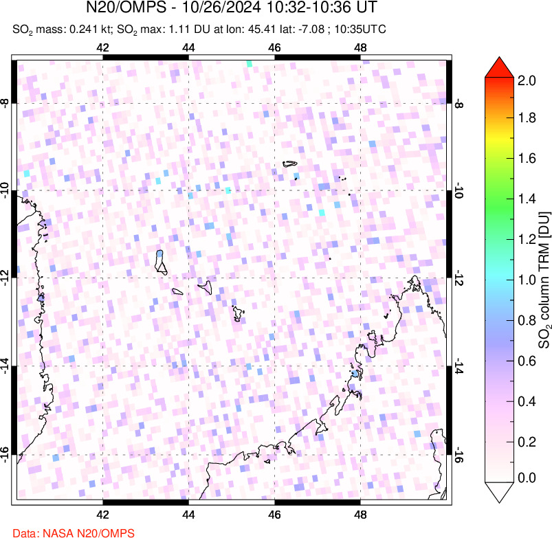 A sulfur dioxide image over Comoro Islands on Oct 26, 2024.