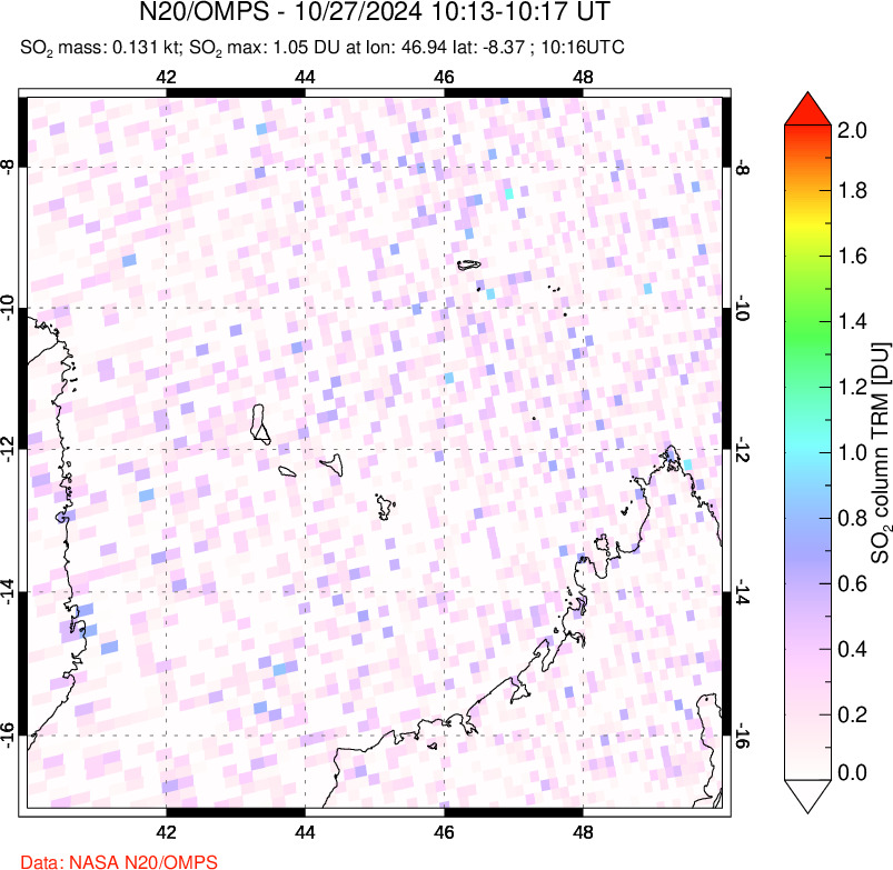 A sulfur dioxide image over Comoro Islands on Oct 27, 2024.