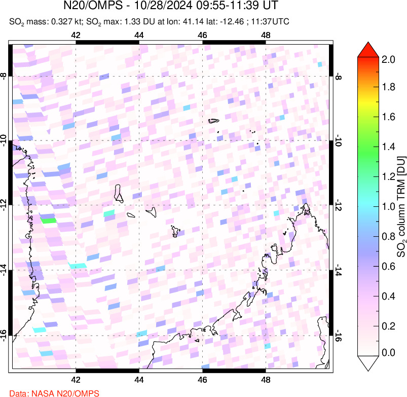 A sulfur dioxide image over Comoro Islands on Oct 28, 2024.