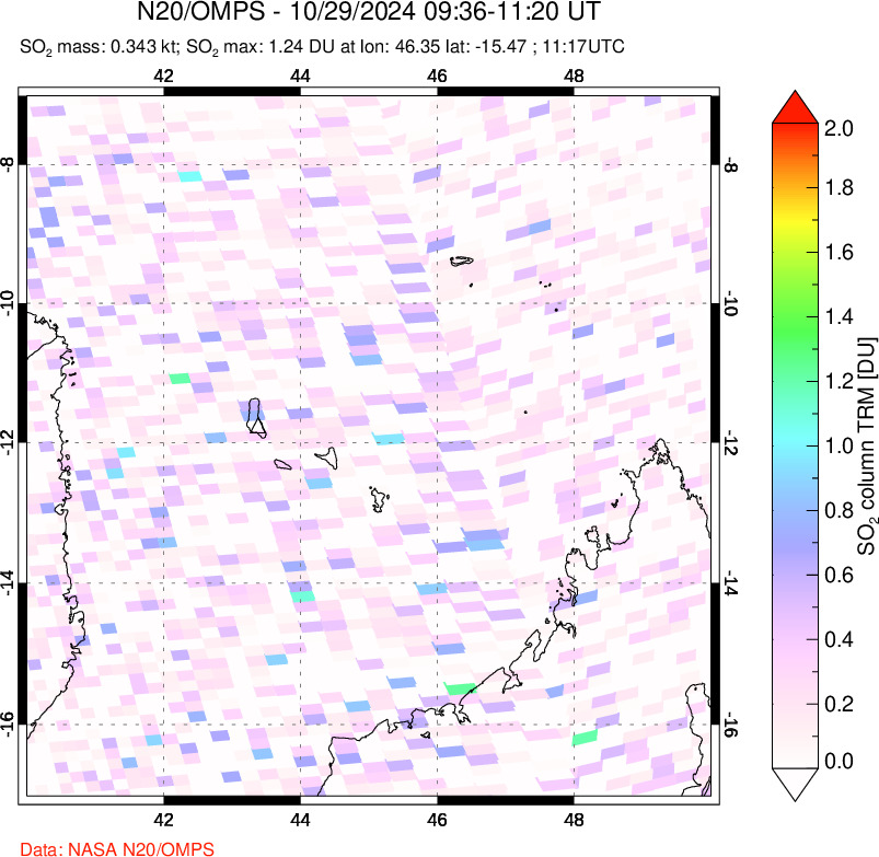 A sulfur dioxide image over Comoro Islands on Oct 29, 2024.