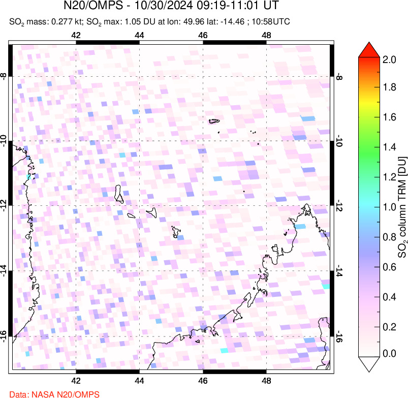 A sulfur dioxide image over Comoro Islands on Oct 30, 2024.