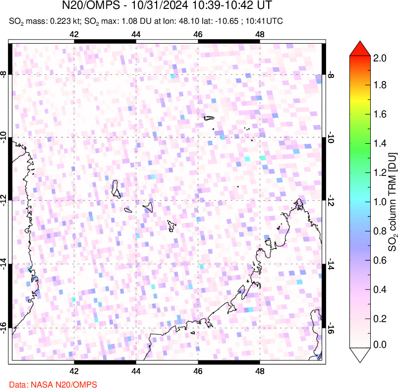 A sulfur dioxide image over Comoro Islands on Oct 31, 2024.