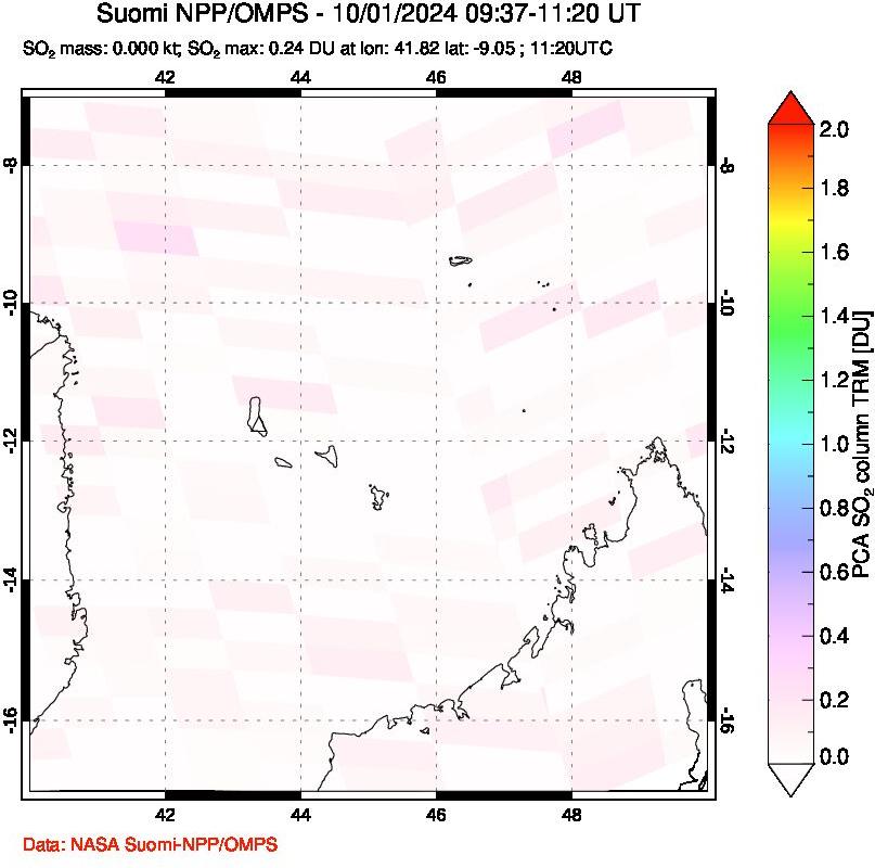 A sulfur dioxide image over Comoro Islands on Oct 01, 2024.