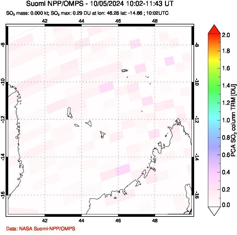 A sulfur dioxide image over Comoro Islands on Oct 05, 2024.