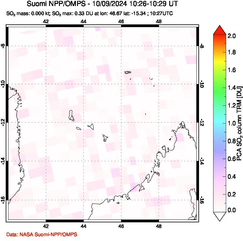 A sulfur dioxide image over Comoro Islands on Oct 09, 2024.