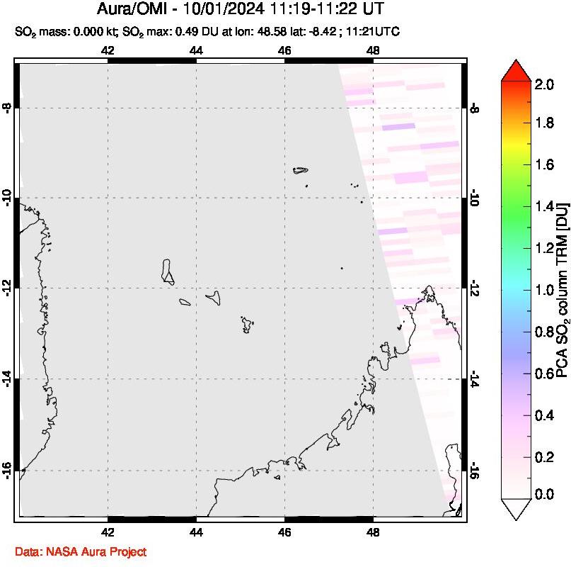 A sulfur dioxide image over Comoro Islands on Oct 01, 2024.