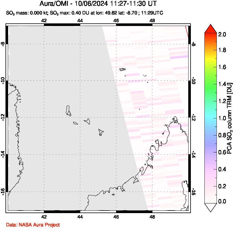 A sulfur dioxide image over Comoro Islands on Oct 06, 2024.