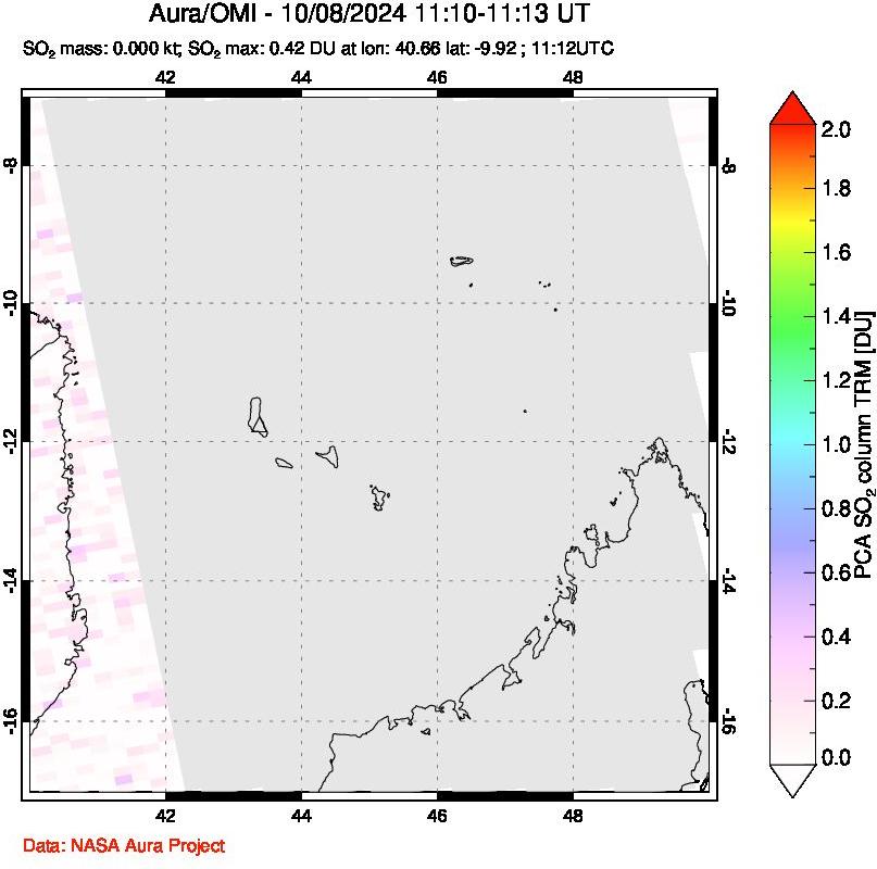 A sulfur dioxide image over Comoro Islands on Oct 08, 2024.