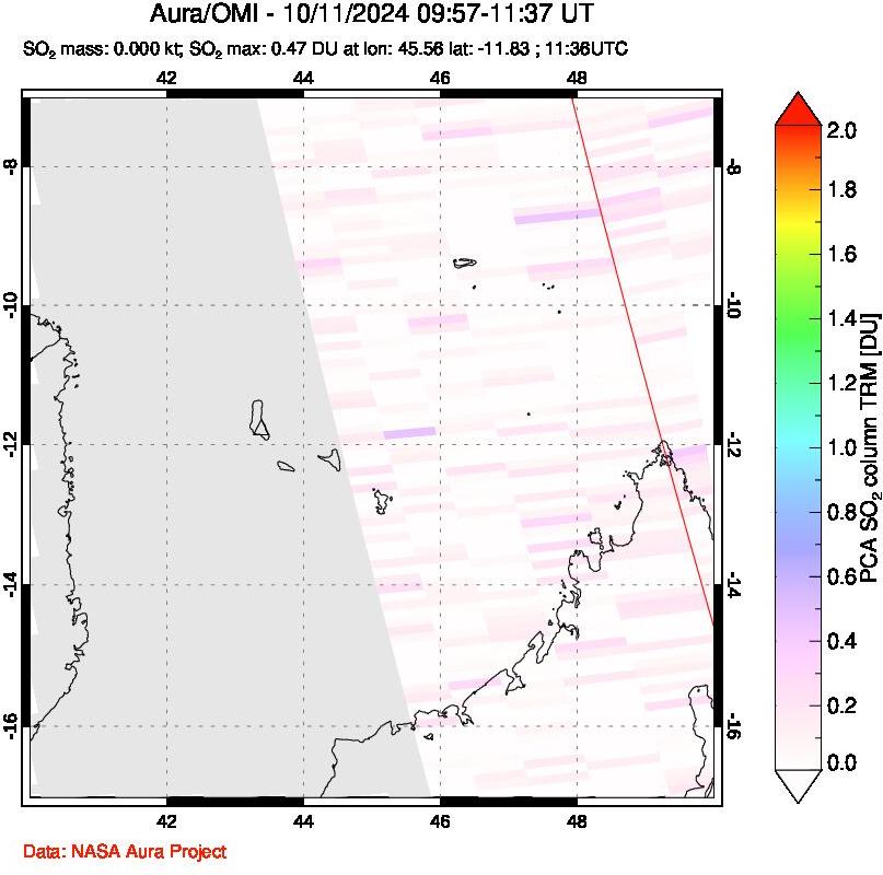 A sulfur dioxide image over Comoro Islands on Oct 11, 2024.