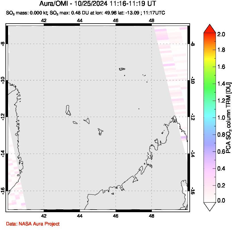 A sulfur dioxide image over Comoro Islands on Oct 25, 2024.