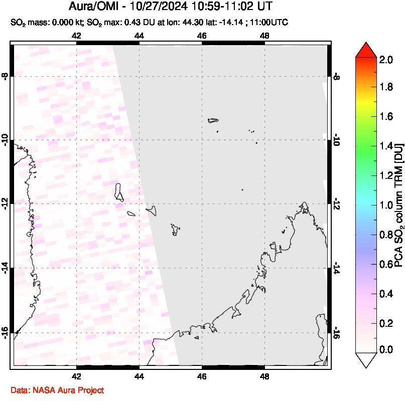 A sulfur dioxide image over Comoro Islands on Oct 27, 2024.