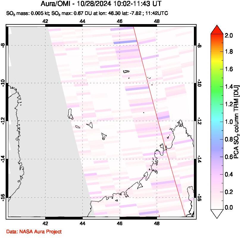 A sulfur dioxide image over Comoro Islands on Oct 28, 2024.