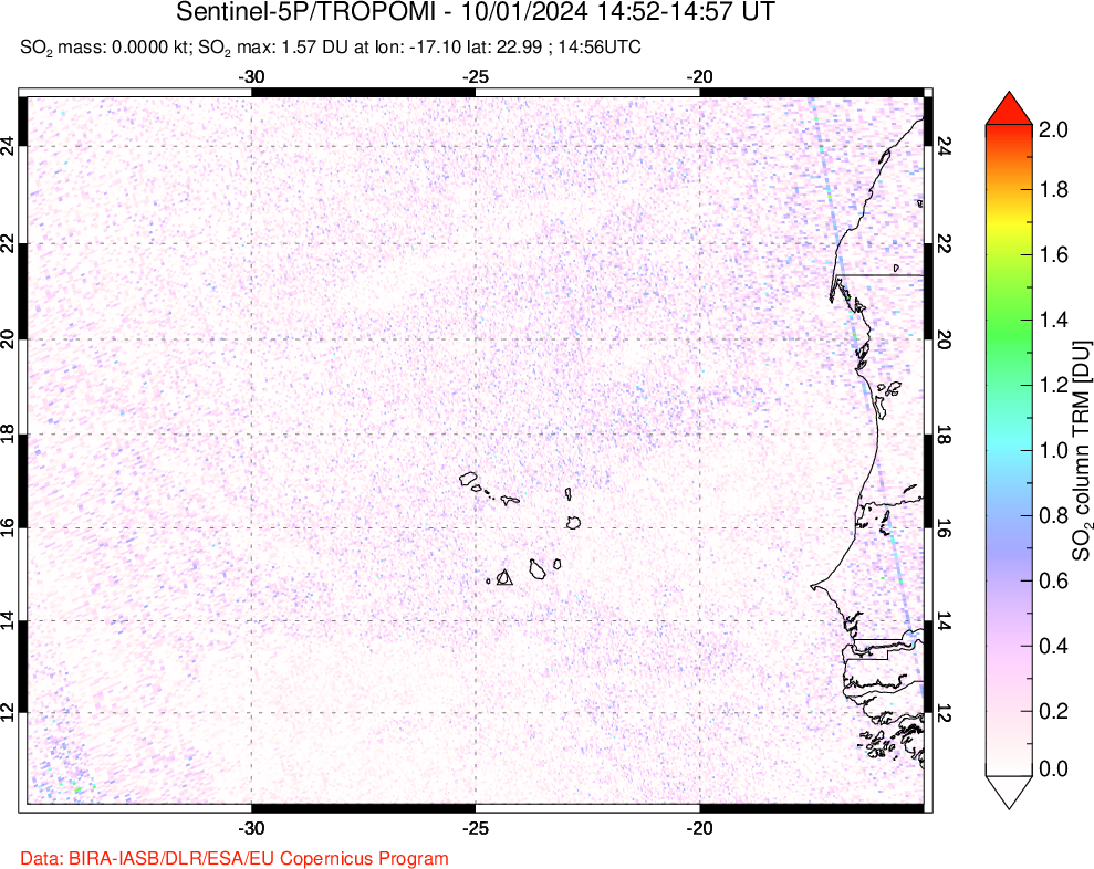 A sulfur dioxide image over Cape Verde Islands on Oct 01, 2024.