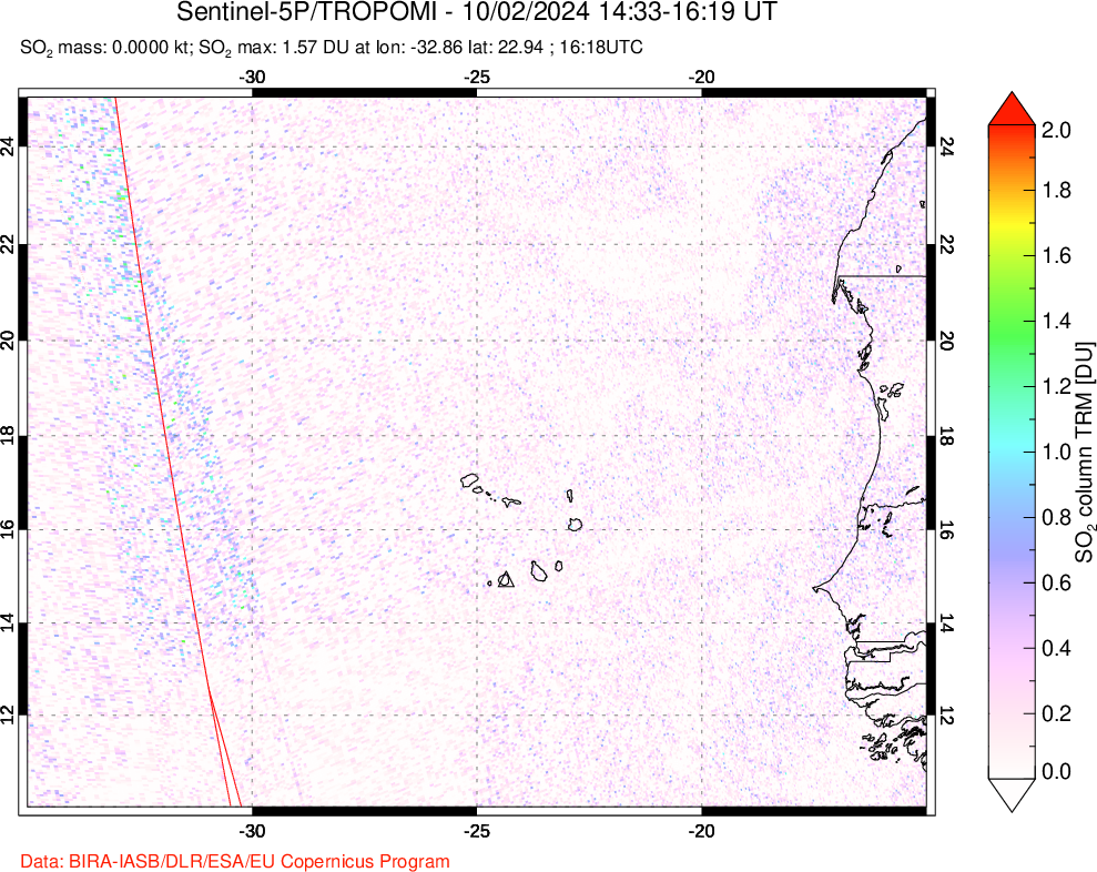 A sulfur dioxide image over Cape Verde Islands on Oct 02, 2024.