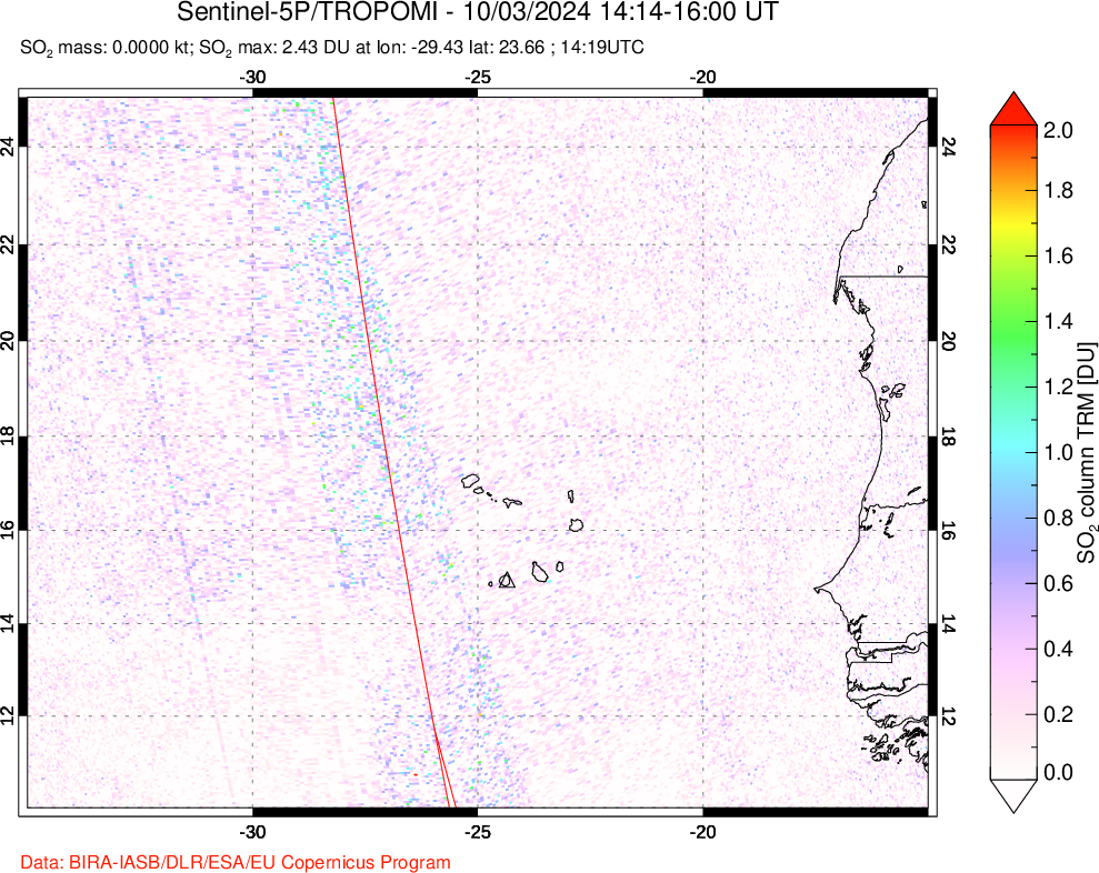 A sulfur dioxide image over Cape Verde Islands on Oct 03, 2024.