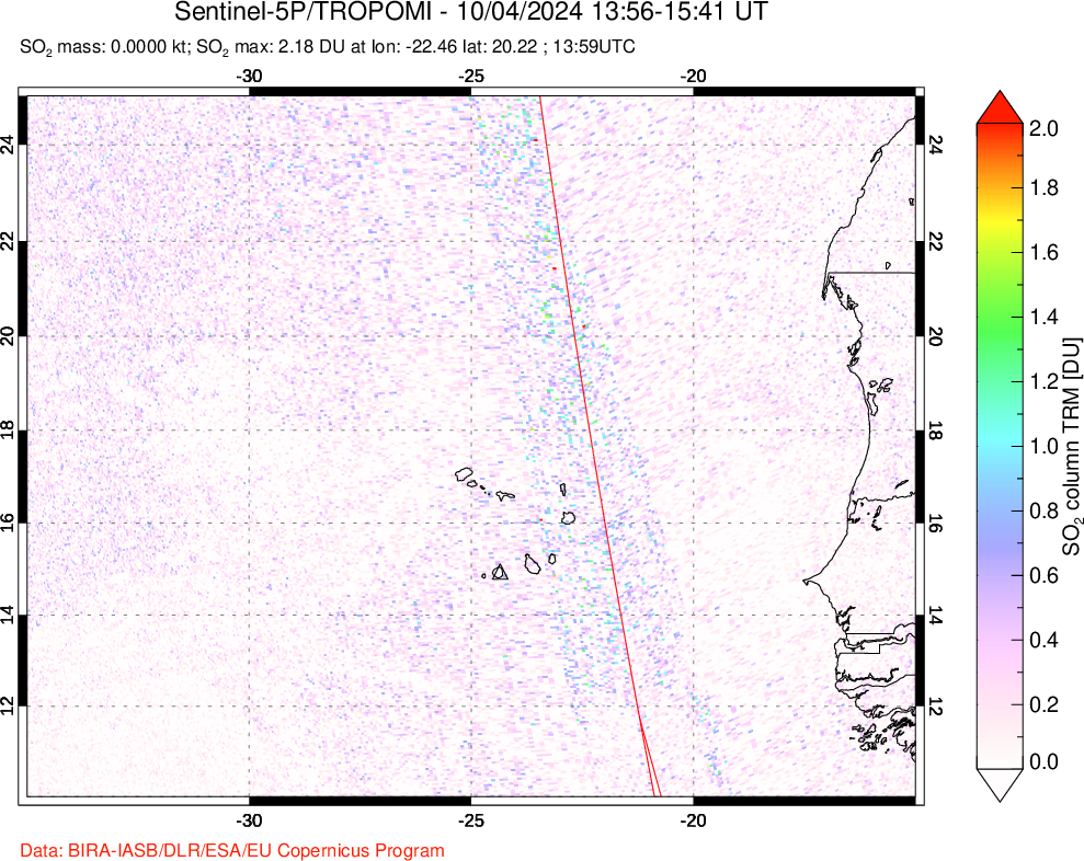 A sulfur dioxide image over Cape Verde Islands on Oct 04, 2024.