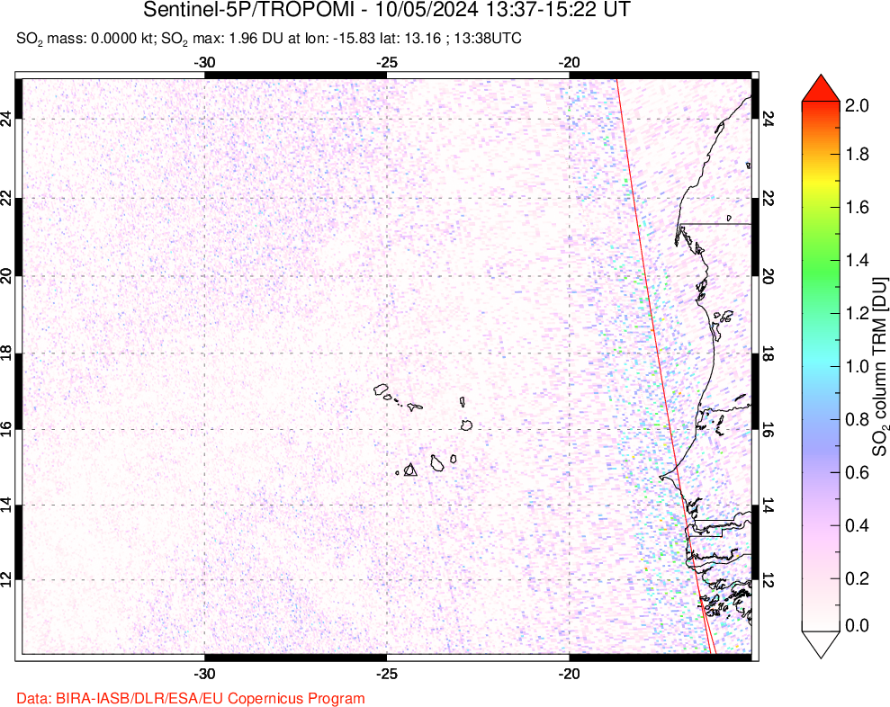 A sulfur dioxide image over Cape Verde Islands on Oct 05, 2024.