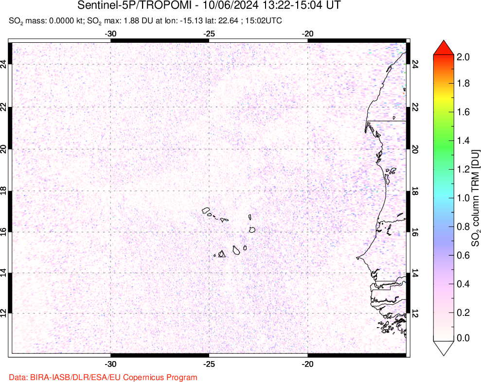 A sulfur dioxide image over Cape Verde Islands on Oct 06, 2024.