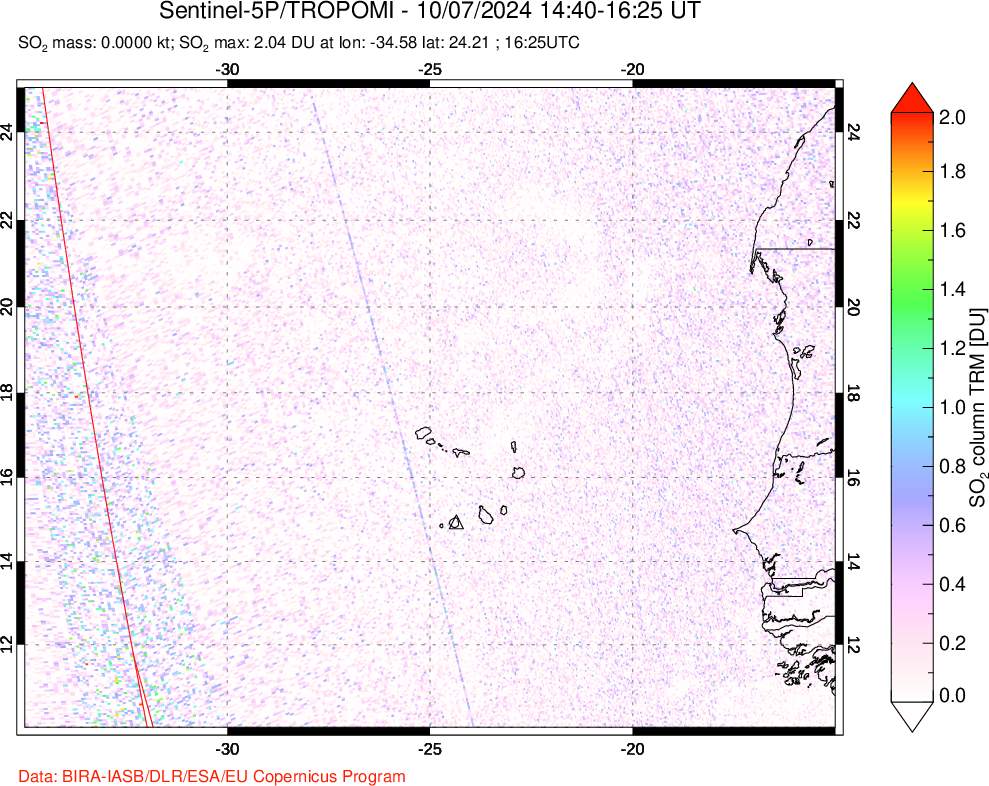 A sulfur dioxide image over Cape Verde Islands on Oct 07, 2024.