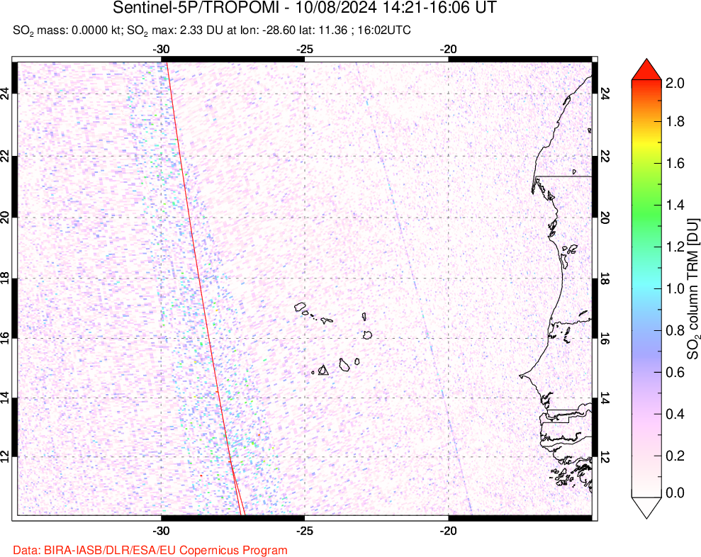 A sulfur dioxide image over Cape Verde Islands on Oct 08, 2024.