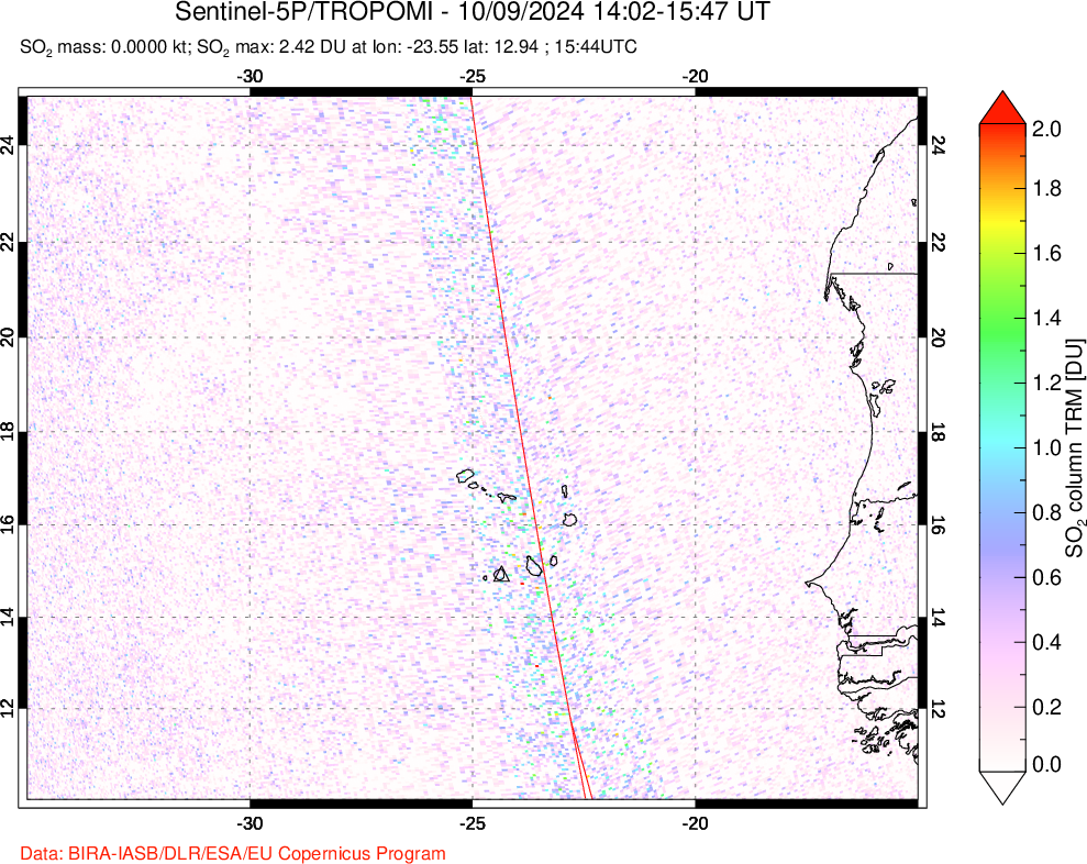 A sulfur dioxide image over Cape Verde Islands on Oct 09, 2024.