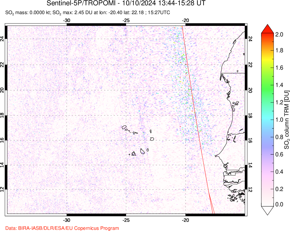 A sulfur dioxide image over Cape Verde Islands on Oct 10, 2024.