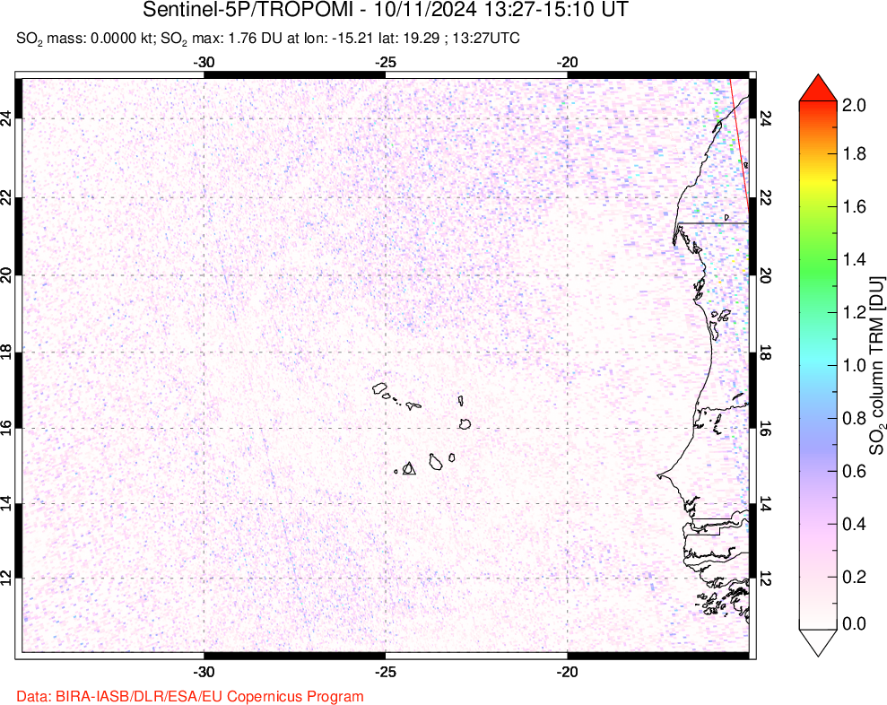 A sulfur dioxide image over Cape Verde Islands on Oct 11, 2024.