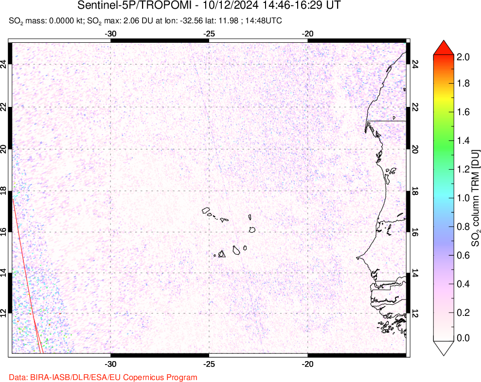 A sulfur dioxide image over Cape Verde Islands on Oct 12, 2024.