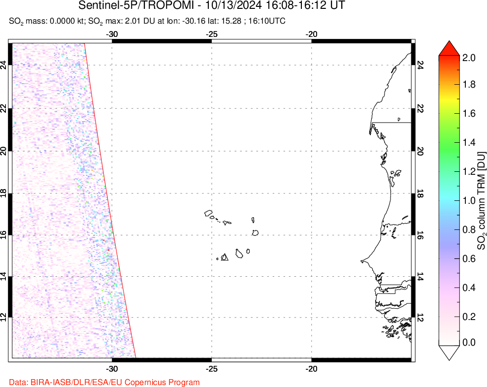 A sulfur dioxide image over Cape Verde Islands on Oct 13, 2024.