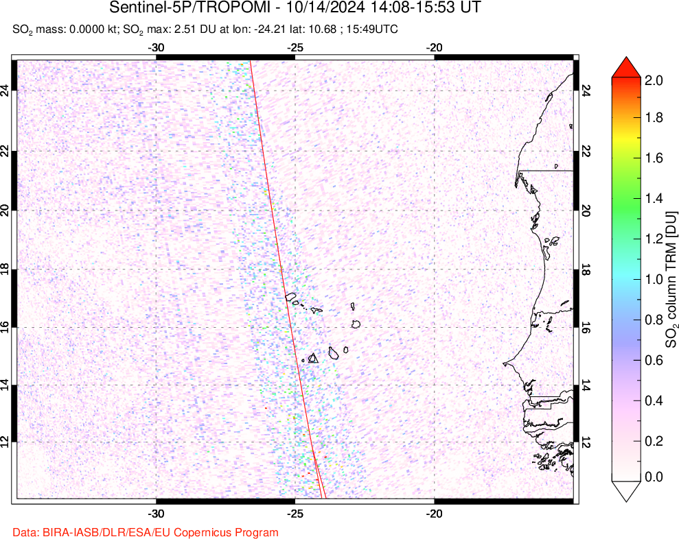 A sulfur dioxide image over Cape Verde Islands on Oct 14, 2024.