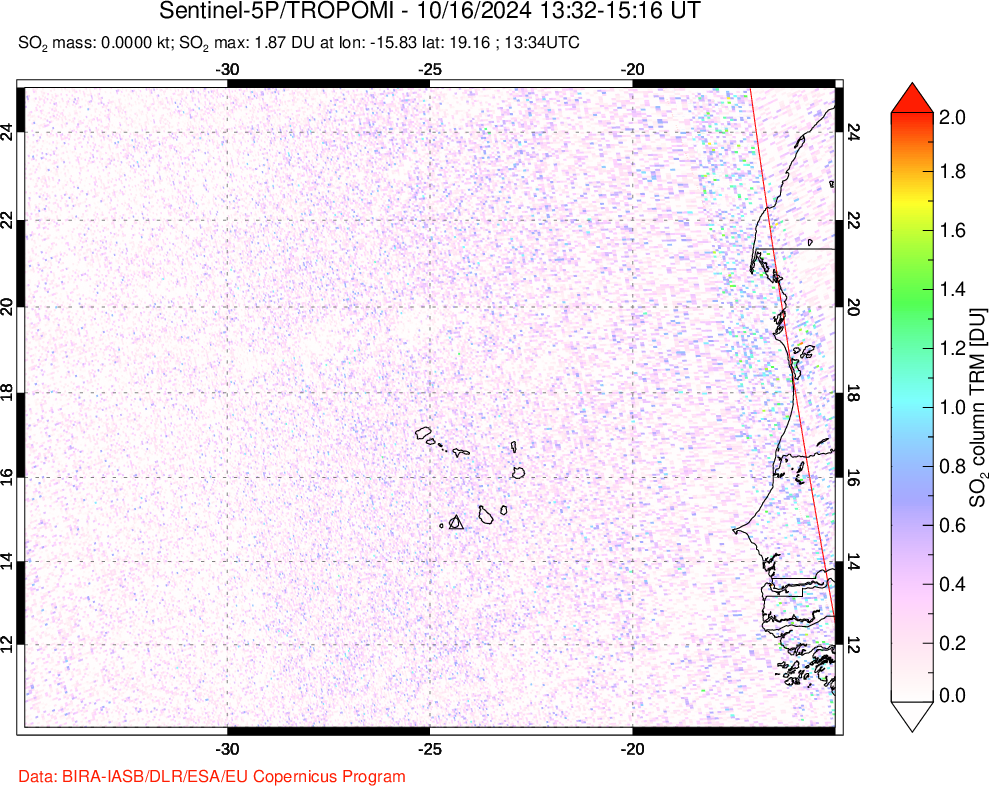 A sulfur dioxide image over Cape Verde Islands on Oct 16, 2024.