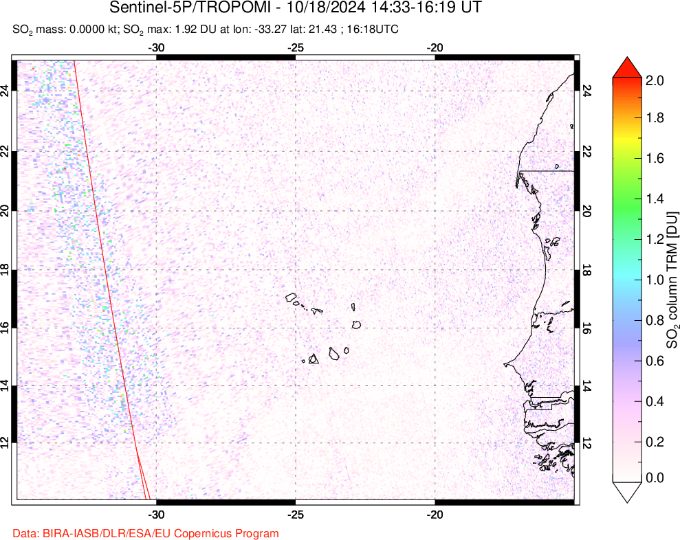 A sulfur dioxide image over Cape Verde Islands on Oct 18, 2024.