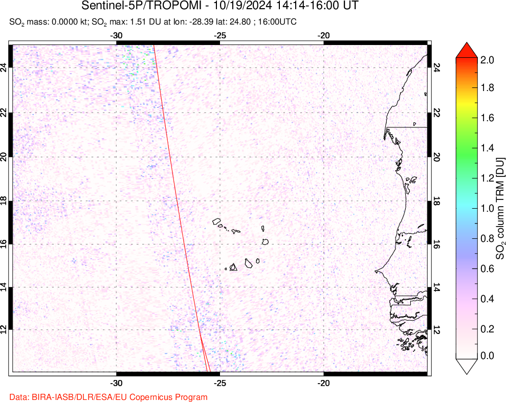 A sulfur dioxide image over Cape Verde Islands on Oct 19, 2024.