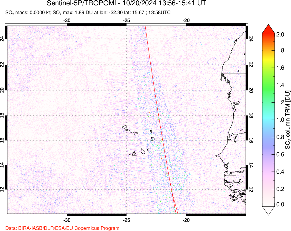 A sulfur dioxide image over Cape Verde Islands on Oct 20, 2024.